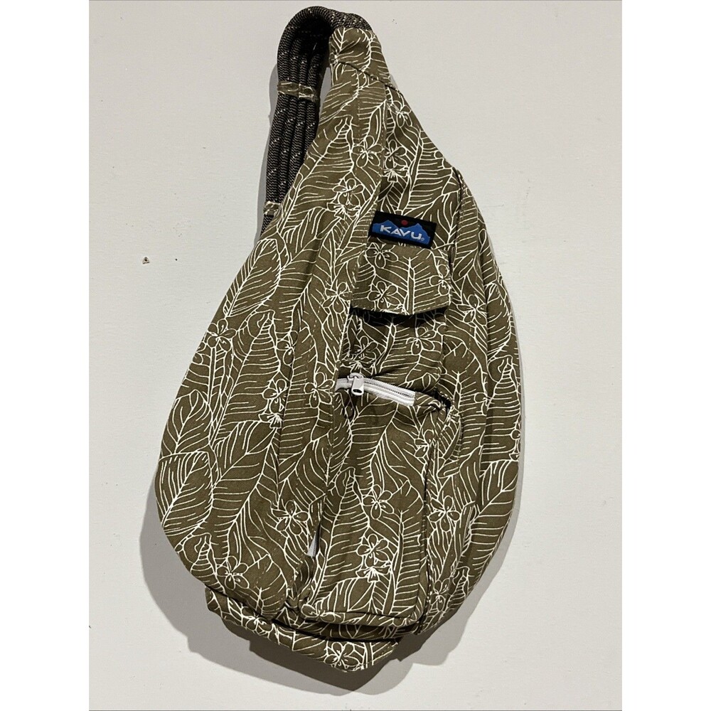 KAVU Khaki Tan Floral Sling Bag Crossbody Adjustable Strap with Outer Pockets